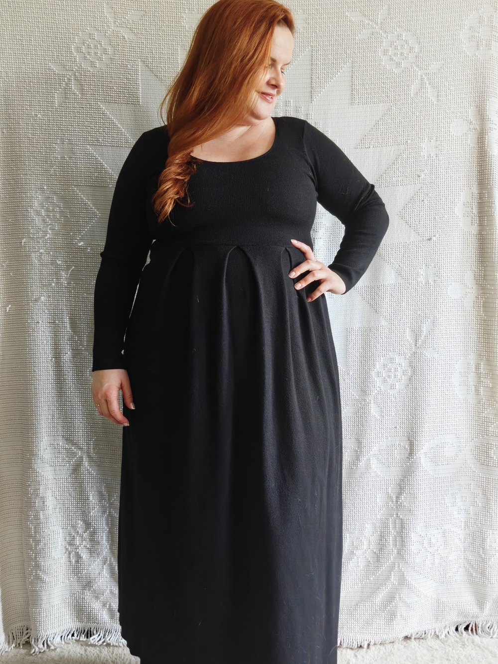 Xie Yu | Black Long Sleeve Maxi Dress | Stretch Knit | Minimalist | Size L/XL